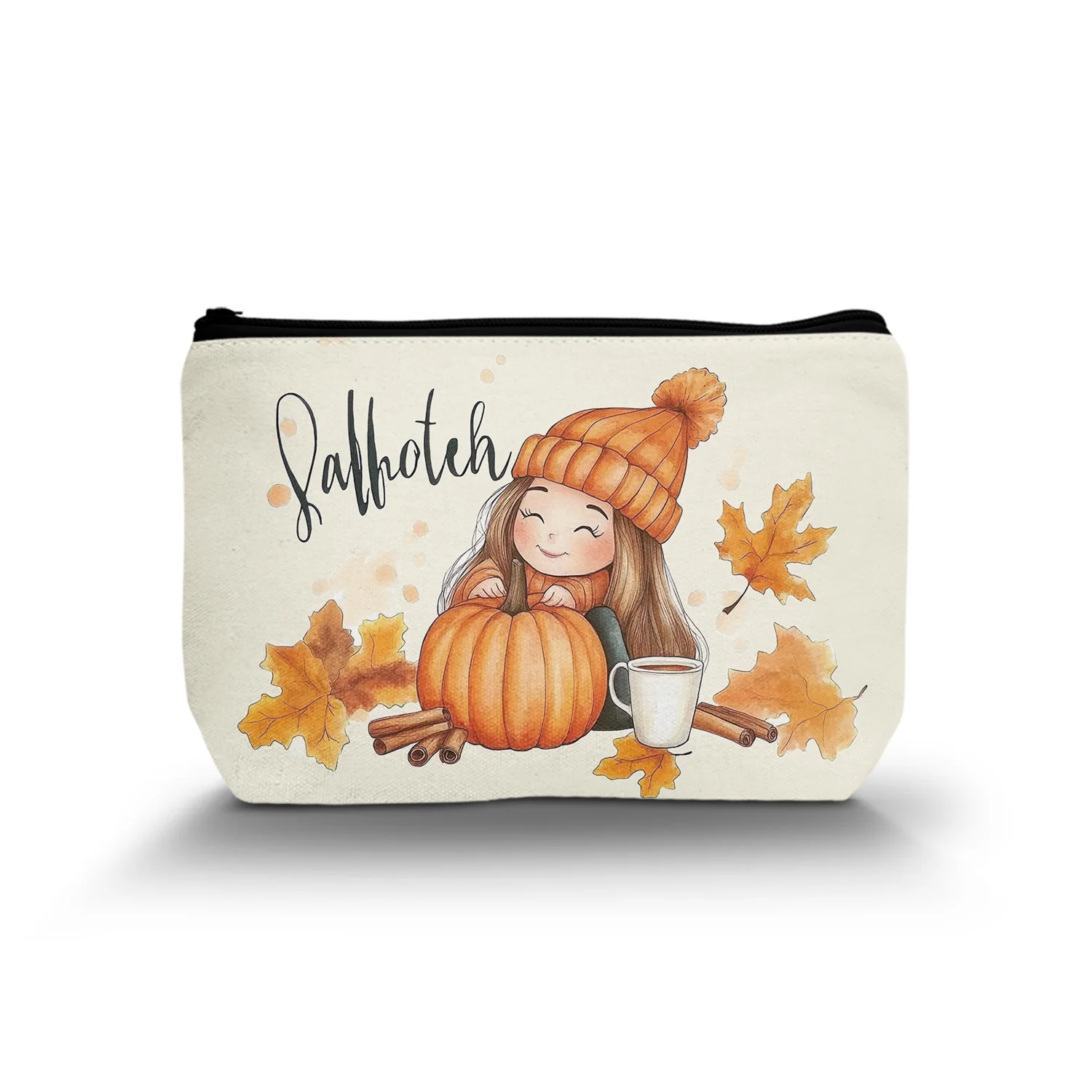 1Pc Women Cosmetic Pouch With Autumn Theme - Fall Lover Makeup Organizer Bag With Pumpkin Leaves Design 8.66x5.51Inch