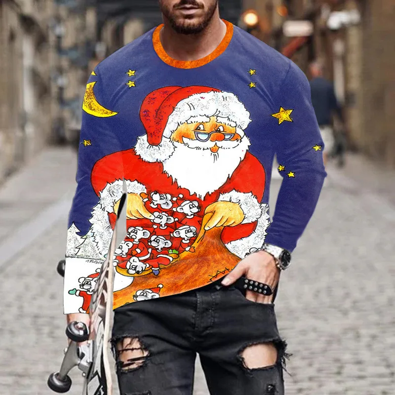 Autumn Winter Christmas Style Men's Long Sleeve T-Shirts Snowflake And Deer 3D Print Male Red Tees Festival Casual Big Size Tops