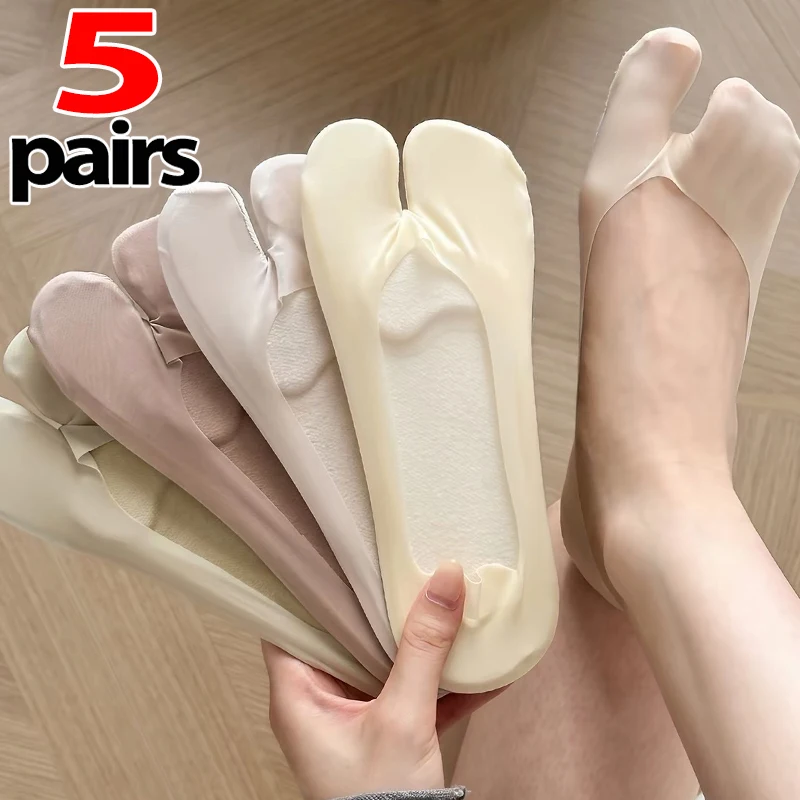 1/5Pairs Invisible Split Toe Socks Women Summer Ice Silk Cotton Solid Split Toe Socks Boat Ankle Toe Socks for Women Ladies