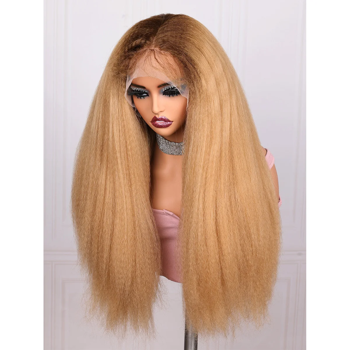 Soft 26“ Long Kinky Straight 180%Density Ombre Blonde Yaki Lace Front Wig For Black Women BabyHair Glueless Synthetic Preplucked