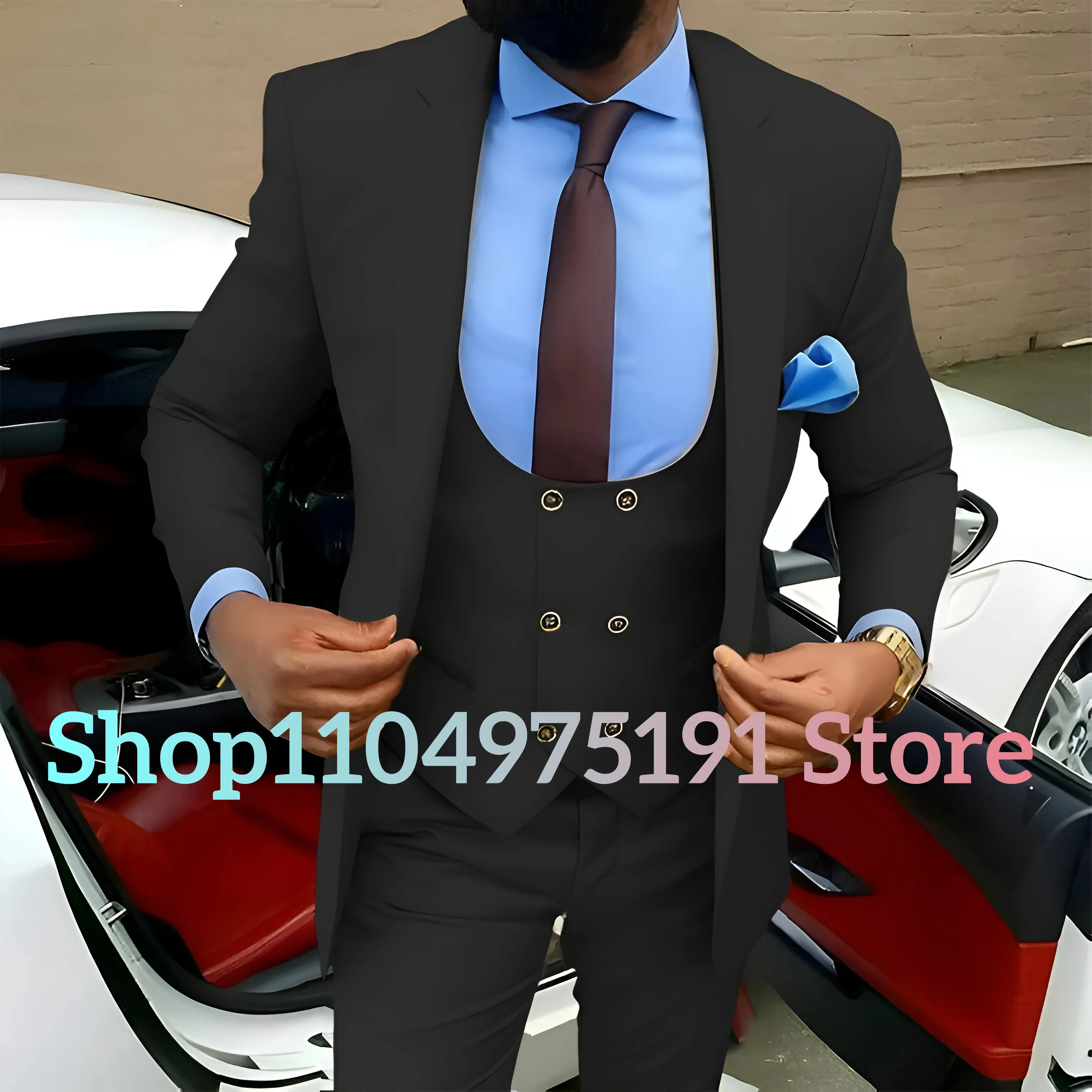 Traje de 3 piezas para hombre, chaqueta marrón dorada, chaleco, pantalones, conjunto ajustado, ropa Formal elegante para fiesta