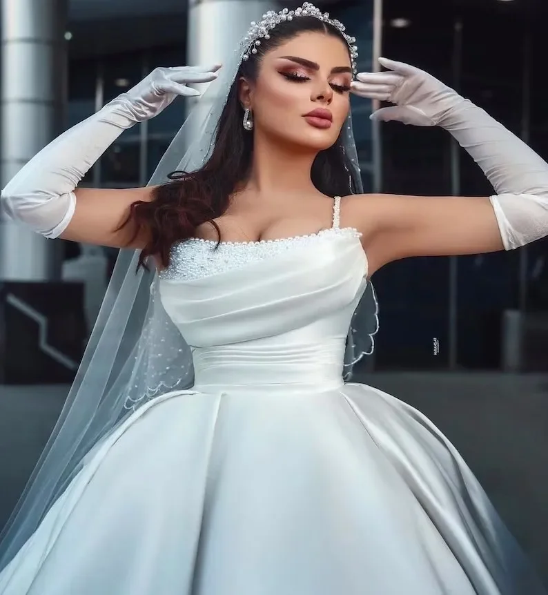 Vestido de noiva frisado e pérola, vestido de princesa plissado, vestido de noiva luxuoso, bordado com arco delicado, vestido de baile sexy, 2024