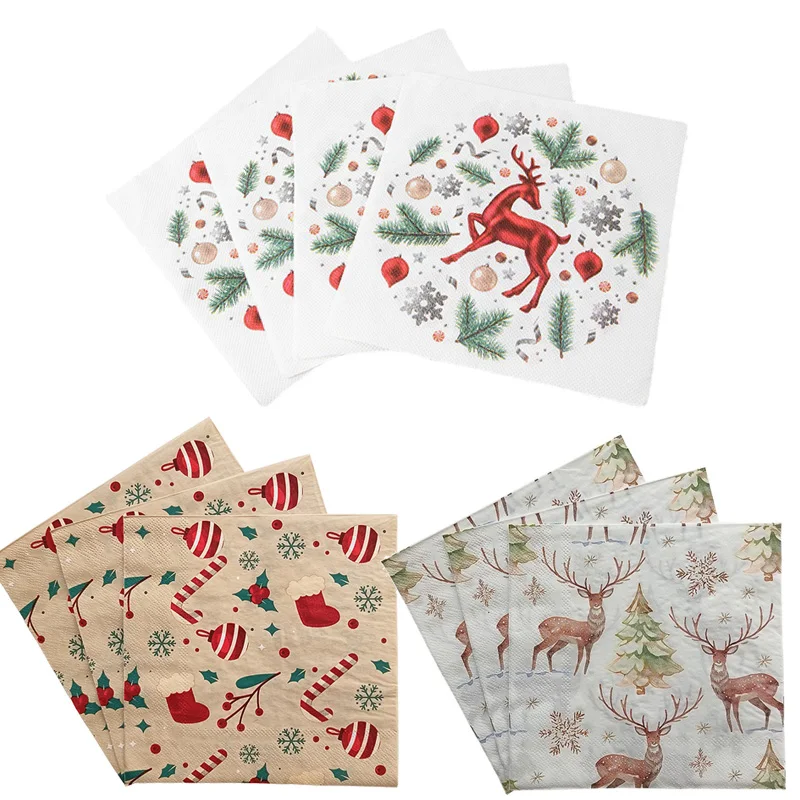 20pcs Christmas Paper Napkins Christmas Candy Elk Snowflake Printed Napkins Christmas Eve Table Decoration Xmas Supplies