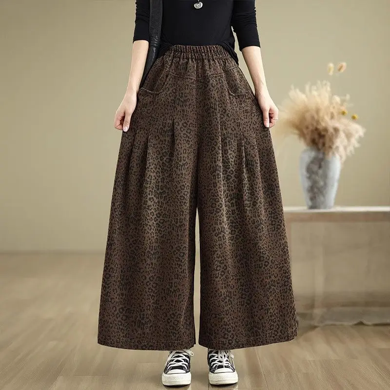 Cowboy Wide Leg Pants Leopard Print Fashionable Elastic Loose Fit Large Size Casual Versatile Straight Leg Trousers Jeans A488 ﻿