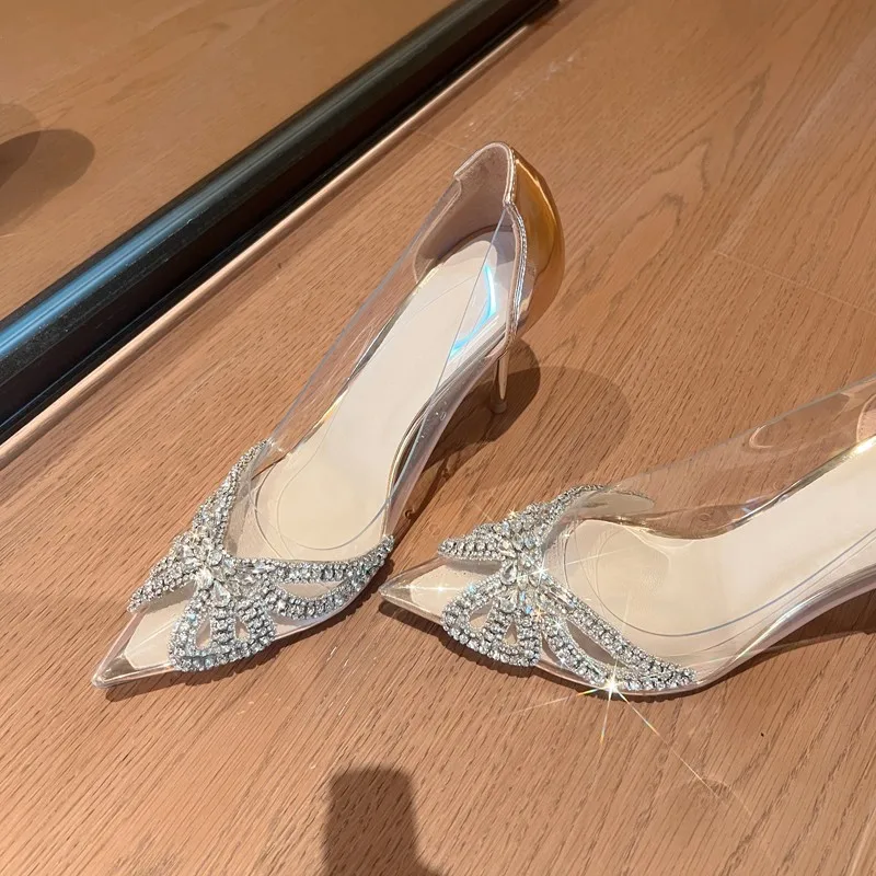 Sandales à Talons Hauts Pointus et Transparents pour Femme, Chaussures de Banquet en PVC et Strass Enveloppés à l\'Arrière, Nouvelle Mode d\'Été