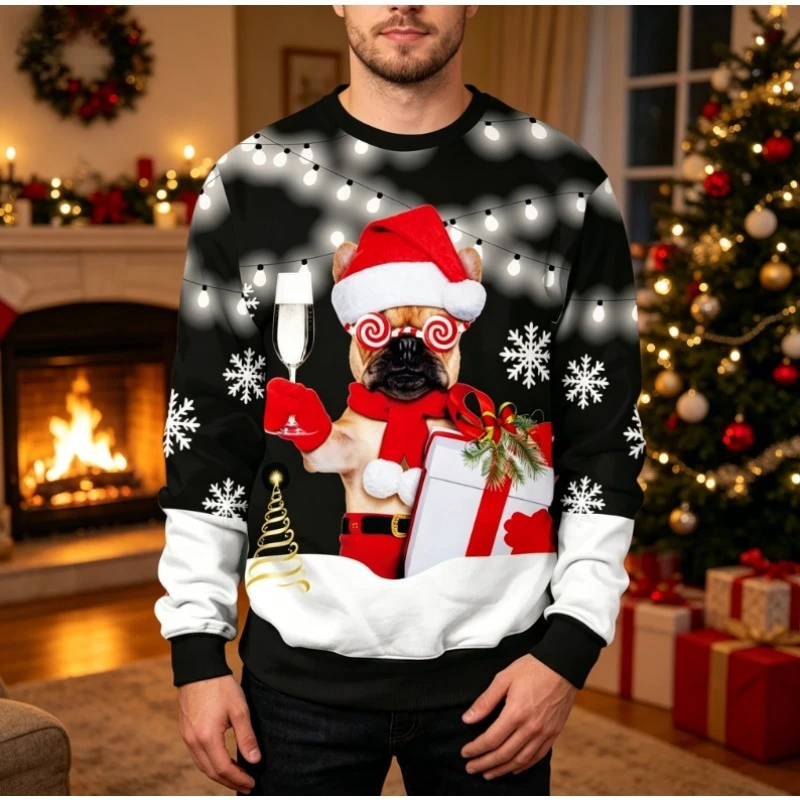 Men Women Crew Neck Funny 3D Simulation Xmas Element Print Long Sleeve Sweatshirt Christmas Party Multi Pattern Casual Pullover