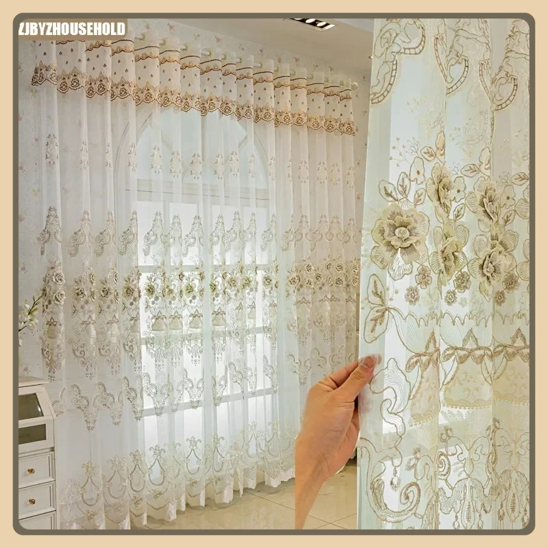 

European High-grade Luxury Balcony Floating Window Gauze Embossed Embroidery Curtains for Living Dining Room Bedroom White Lace