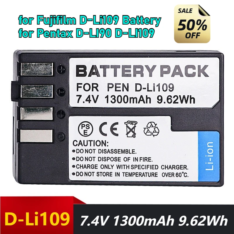 

7.4V 1600mAh for Fujifilm D-Li109 for Pentax D-LI90 D-LI109 Digital Batteries