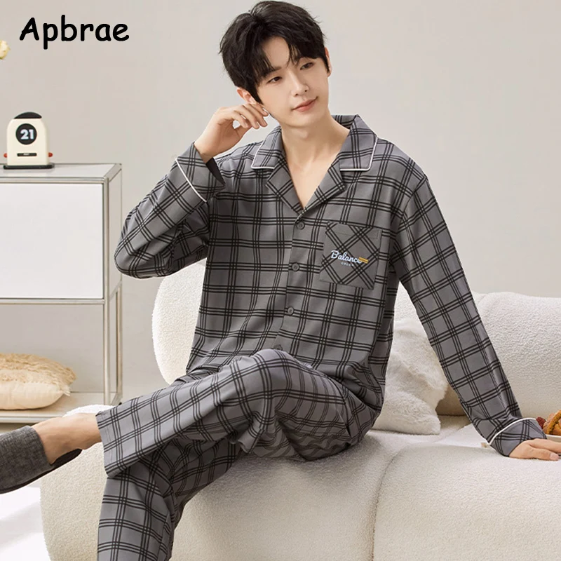 Autumn Winter Faux Cotton Pajamas for Men Plaid Pajama Long Sleeves Pants Sleepwear Male Fashion Pajamas Man Lapel Pijamas