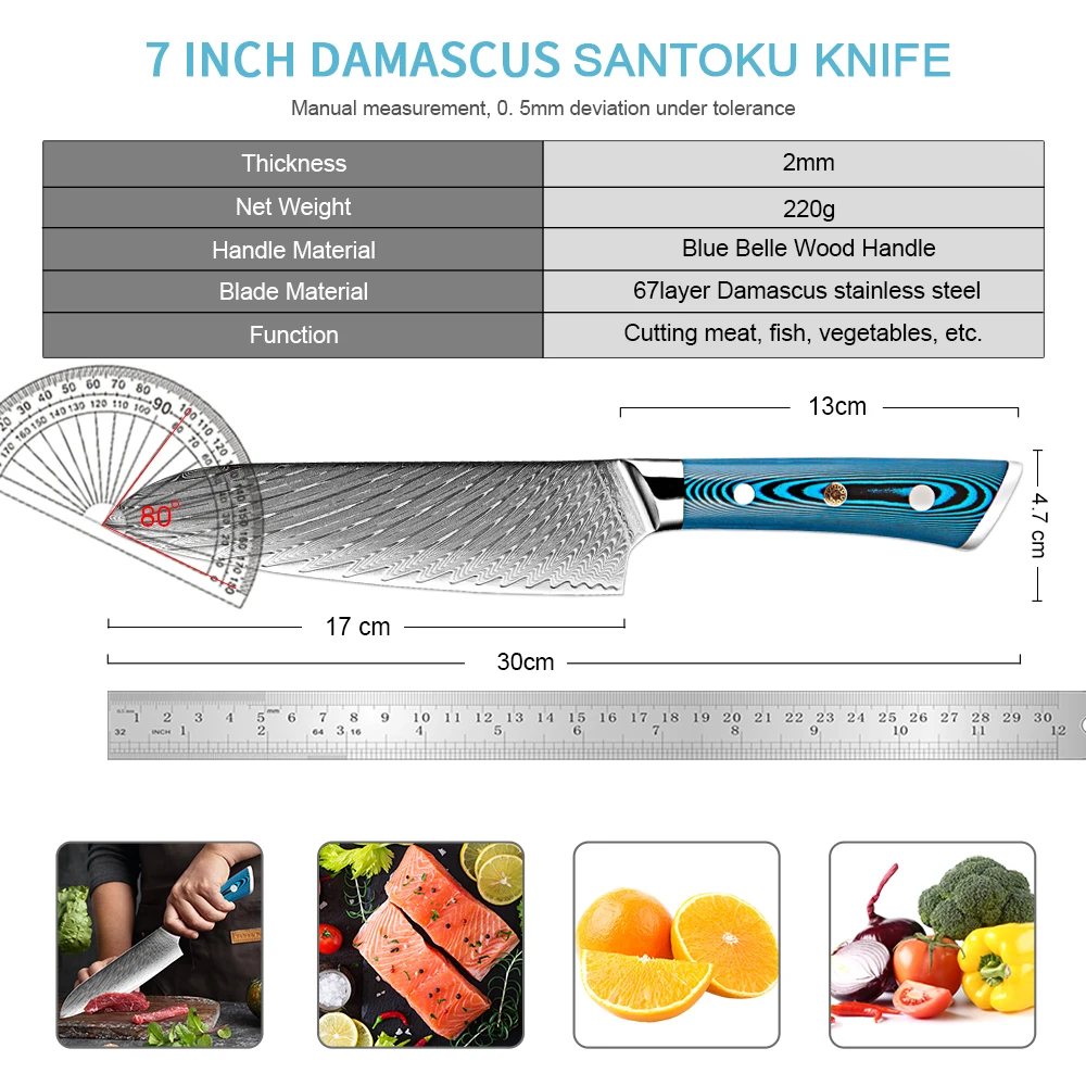 Japanese Santoku Chef Knife 7 inch Kitchen Cooking Knife Damascus Stainless Steel Rust-Resistant & Razor Sharp Santoku Knives