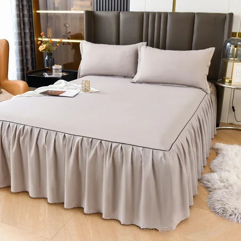 Single piece anti slip solid color bed skirt bed fitted sheet bedcover mattress protection cover bedskirt pillowcase bedding