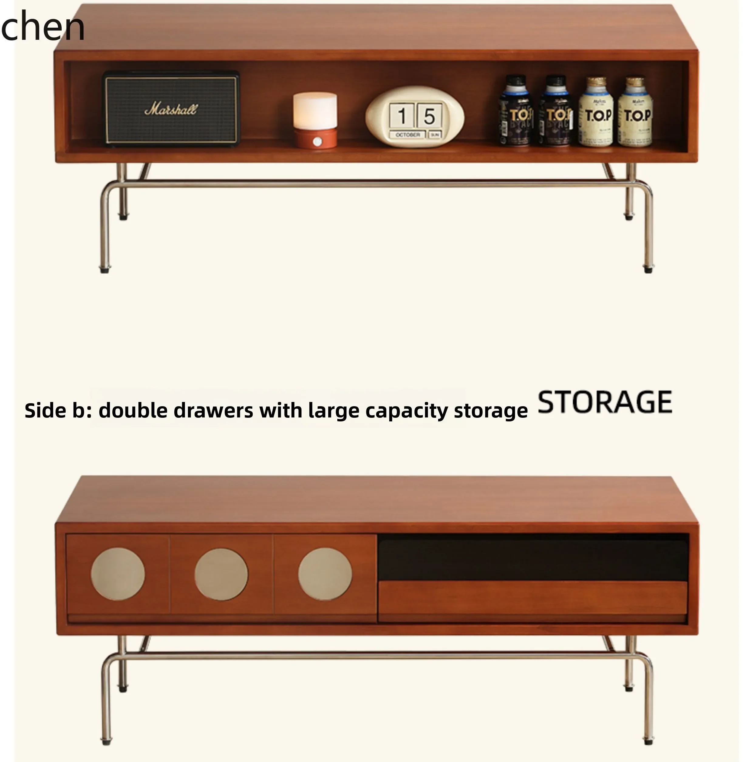 H5.26 retro solid wood coffee table small apartment living room simple stainless steel medieval tea table