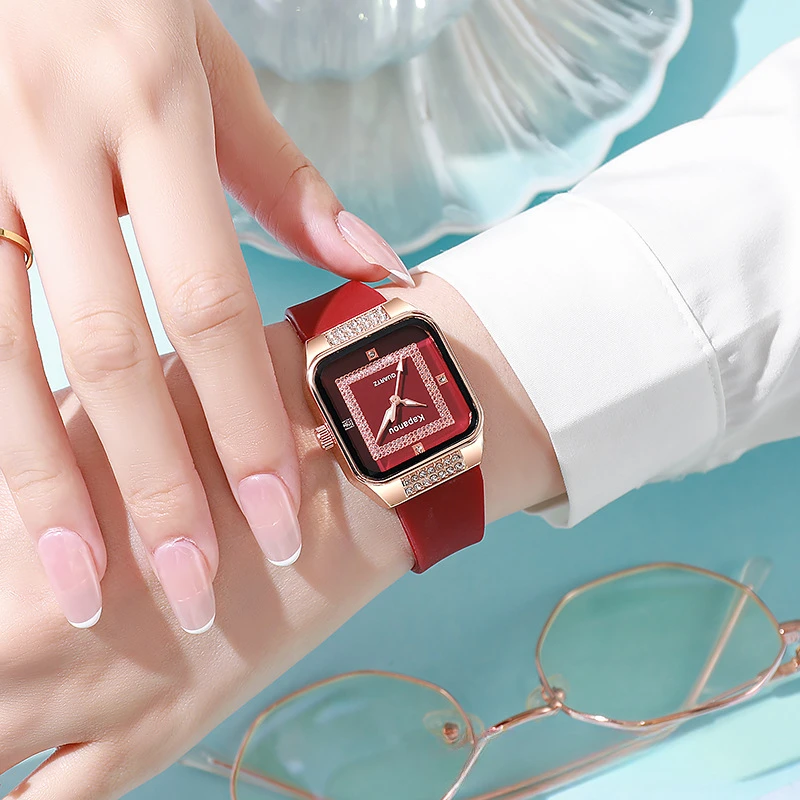 Women's Fashionable Square Shell Watch with Diamond Inlaid Silicone Quartz Watch