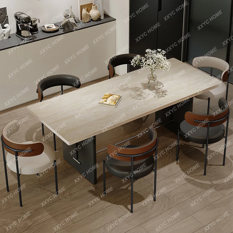 A simple medium and ancient style thickened travertine rock slab dining table small apartment retro