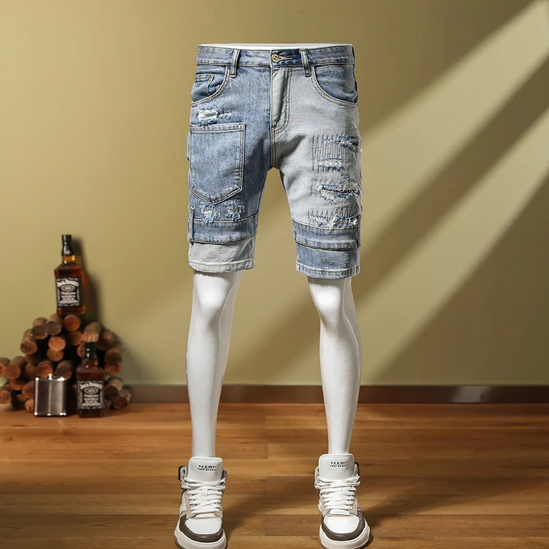 2024 nuovi pantaloncini di jeans da uomo fori rotti marea elastico sottile impiombatura ricamo patch Casual dritto nei pantaloni