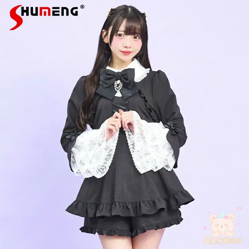 

SC Japanese Women's Dress Set 2-piece Set spring Mine Mass-produced Sweet Girl's Cute Bow Lace Long-sleeved Top Shorts Outfit