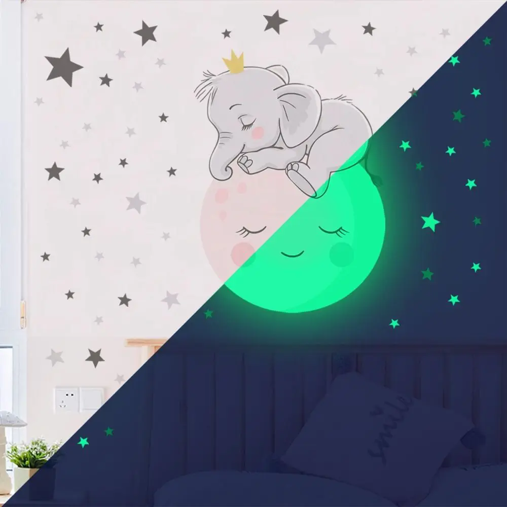 Wall Cartoon DIY Easy to Scrub Art Mural Children's Room Decor Glow Stickers Elephant Decal Wallpaper Star Wall Sticker