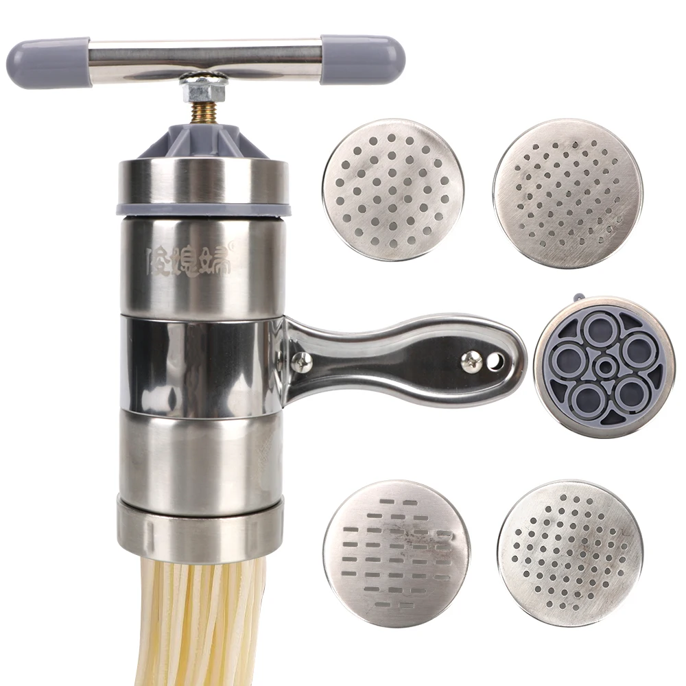 Máquina de prensado de Pasta multifuncional de acero inoxidable con 5 moldes de prensado, exprimidor de frutas, fabricante Manual de fideos para hacer espaguetis