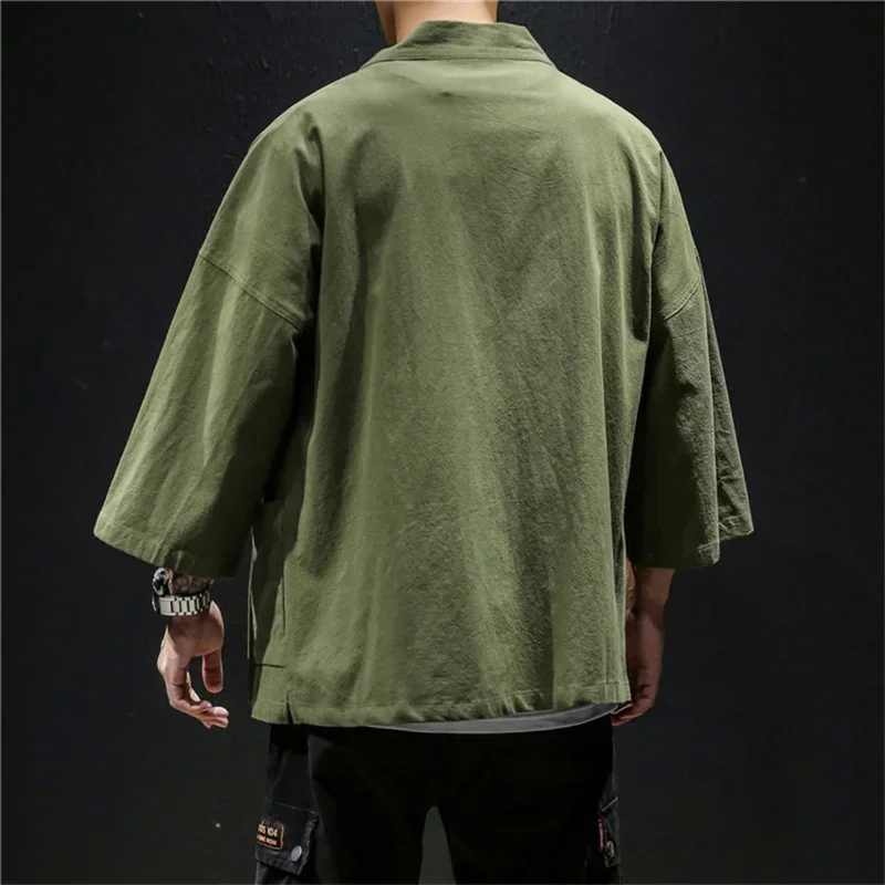Japanese Fashion Kimono Cardigan Traditional Linen Shirts Men Basic Solid Color Samurai Costume Male Streetwear Yukata Haori MN1