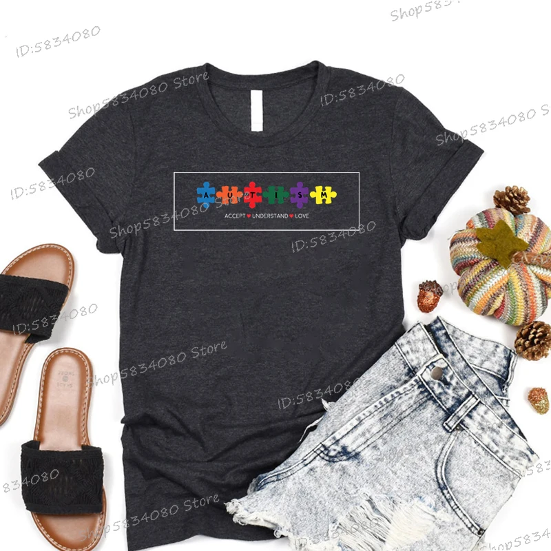 تي شيرت لدعم التوحد هدية لمعلم التعليم الخاص يقبل فهم الحب جرافيك تي شيرت للتوعية بالتوحد تي شيرت أساسي