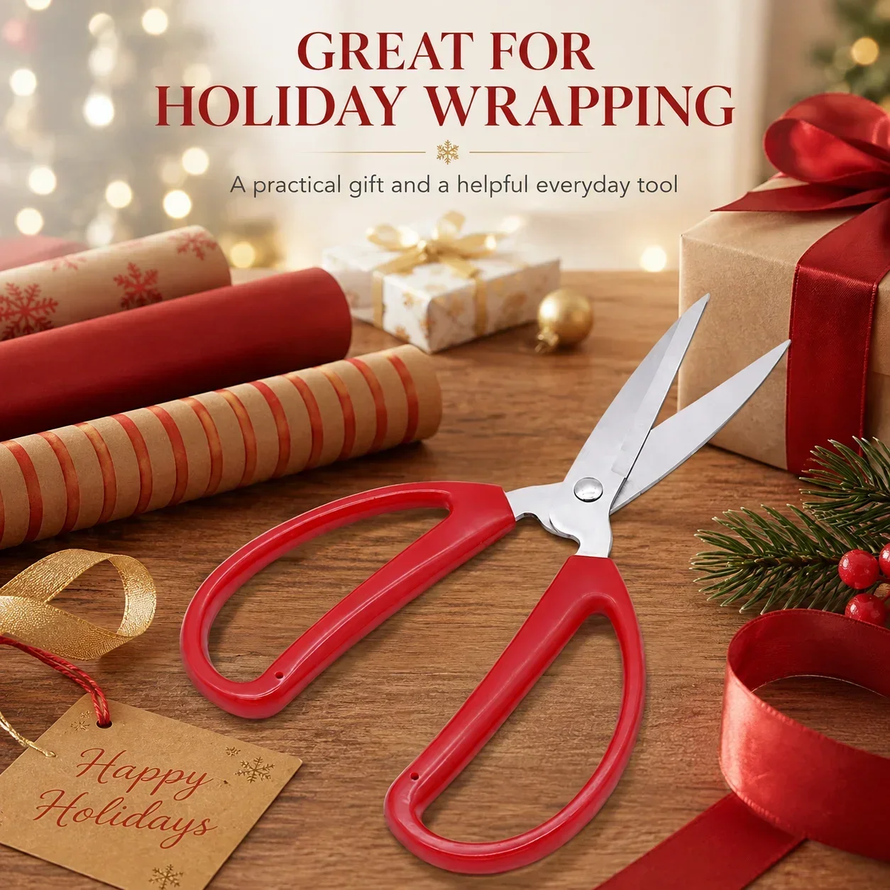 Stainless Steel Red Household Scissors, Office Scissors for Paper and Crafts, Durable Cutting Tool for Home