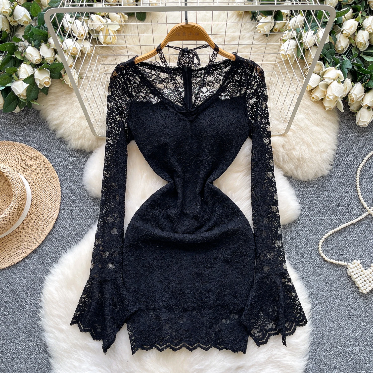 Elegancka sukienka ołówkowa z długim rękawem i wiązaniem na szyi, elegancka koreańska moda, sukienki, odzież damska