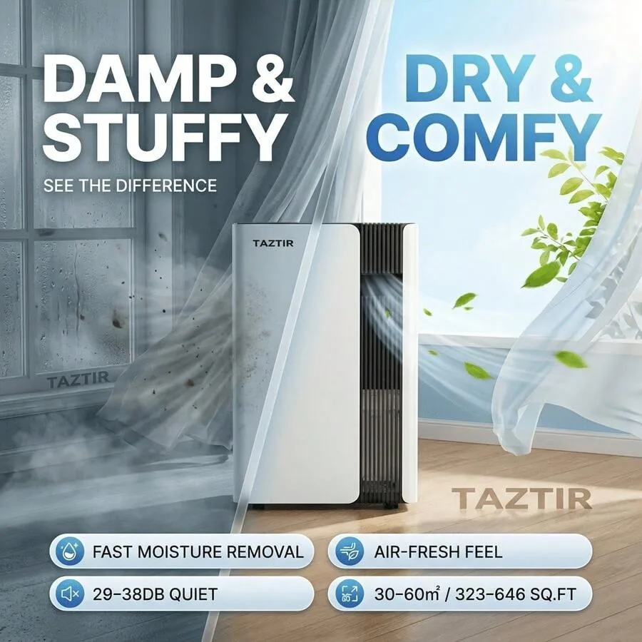 

TazTir 2-In-1 Dehumidifier and Air Purifier, 1250ml/Day, 3L Tank, Quiet Sleep Mode, Auto Shut-Off, Continuous Drain Hose For Be