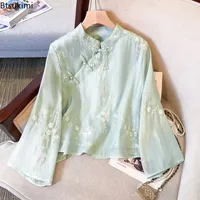 2025 Chinese Style Women's Blouses Spring Solid Stand Collar Flower Embroidery Tops Vintage Elegant Women Clothing Femme Hanfu