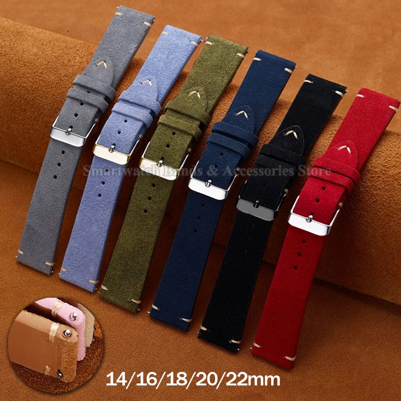 Vintage Suede Leather Watch Strap 14mm 16mm 18mm 20mm 22mm for Huawei Watch Gt2/3/gt4 Hand-stitched Strap Quick Release Bracelet