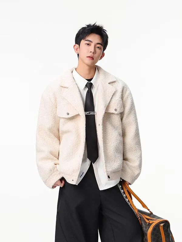 

TANGZ STUDIO Men's Lamb Fur Collar Jaet ort Thi Warm Casual Sle Polyester Fiber Long Sve Autumn Winter Coat