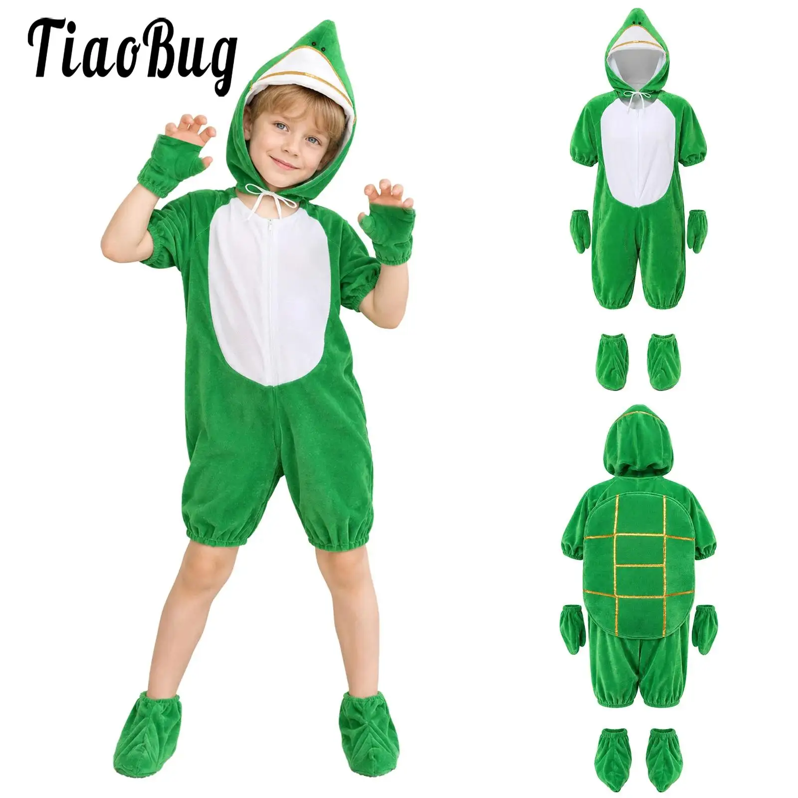 Unisex Boys Girls Faux Tortoise Themed Costume Short Sleeve Zipper Bodysuit with Hat Wristbands Shoe Cover for Performance Party