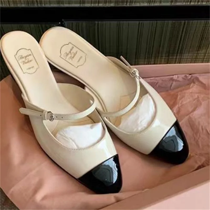 

Buckle Shoes for Ladies Round Toes Low Heels Female Mules Patent Leather Chassure Femme Mixed Colors Zapatos Front Strap Womens