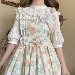 Vintage Sweet Lolita Blouse Women Kawaii Lace Ruffle Bow Stand Collar Jacquard Cotton Shirts Girls Cute Lantern Sleeve Loose Top