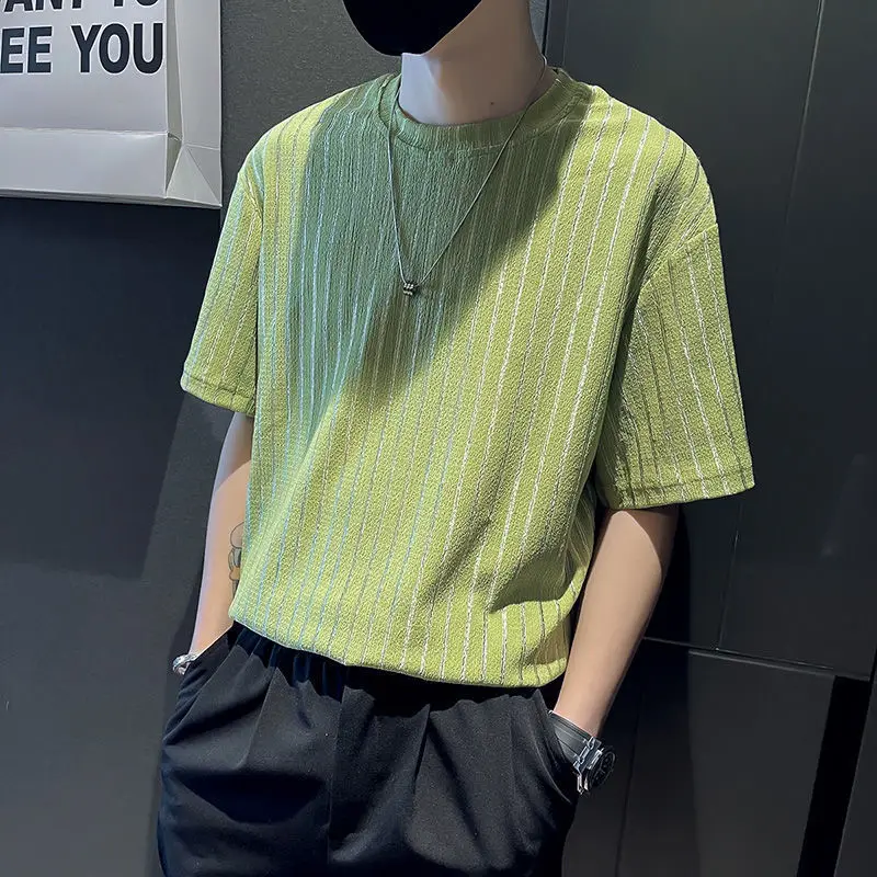 Fashion O-Neck Loose Korean Striped T-Shirt Men's Clothing 2023 Spring New Casual Pullovers Short Sleeve All-match Tee Shirt