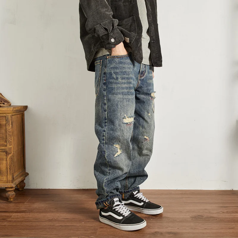 

Модные уличные джинсы для мужчин, нашивки в стиле ретро в стиле пэчворк, свободные зауженные маленькие прямые джинсовые брюки с дырками