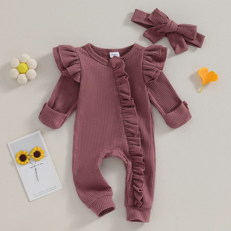 Newborn Baby Soft Rompers Headbead Outfit Girl Boy Zipper Romper Jumpsuit Ruffle Waffle Knit Hospital Coming Home Clothes