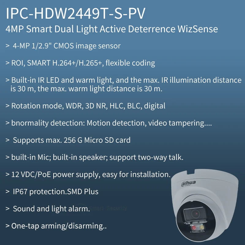 Imagem -02 - Dahua-siren And Light Smart Alarm Câmera Dissuasão Ativa Proteção de Segurança Conversa Bidirecional Full Color Hdw2449t-s-pv 4mp 5mp Novo