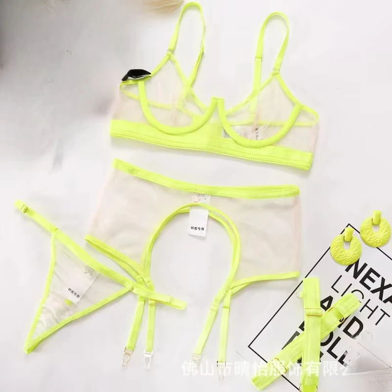Sexy bikini with mesh stitching, see-through push-up lingerie, alluring three-piece set in stock