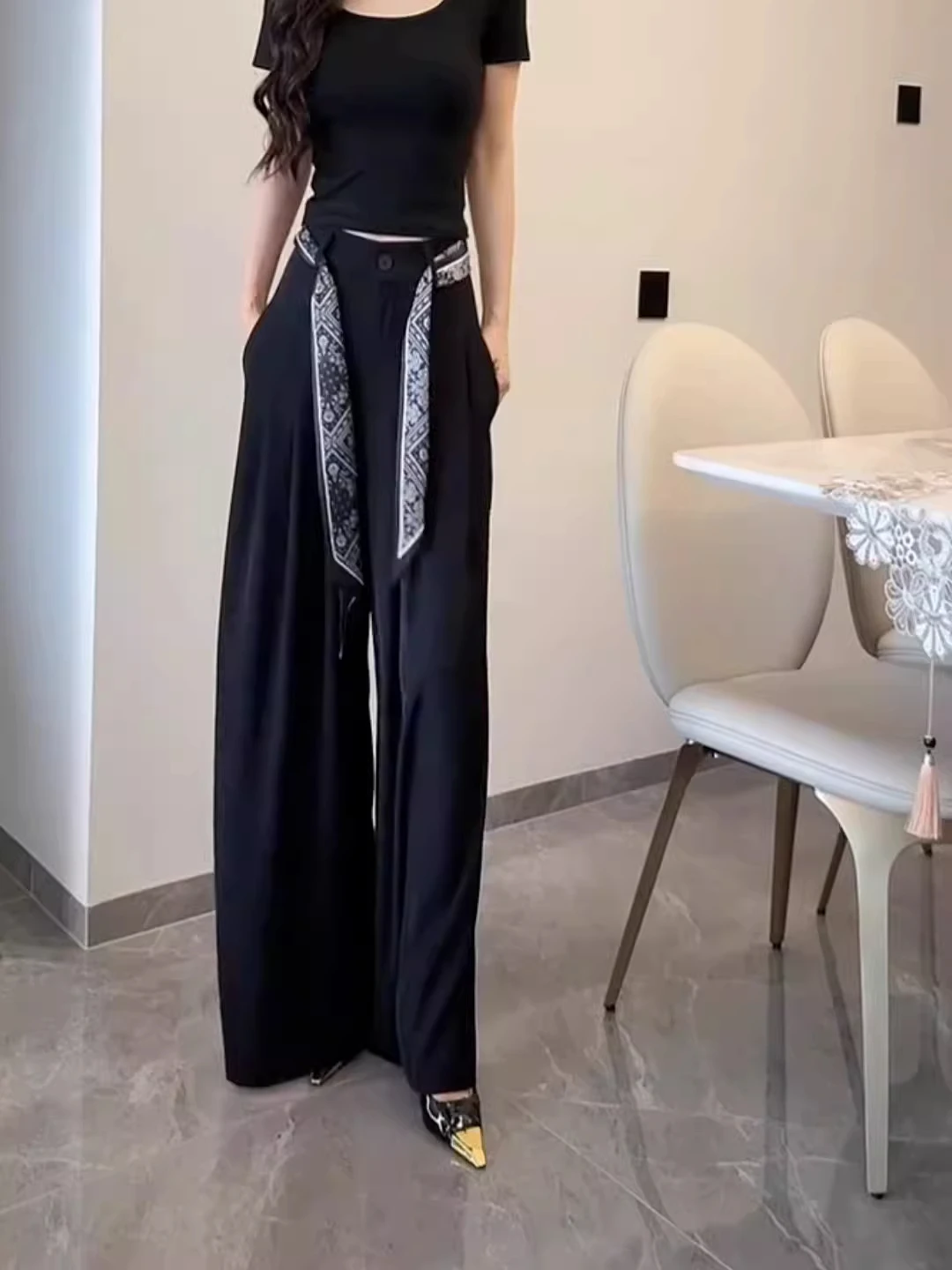 Black Silk Scarf Drapey Wide Leg Pants Women Summer High Waist Casual European Style Loose Fit Trousers Breathable Comfortable