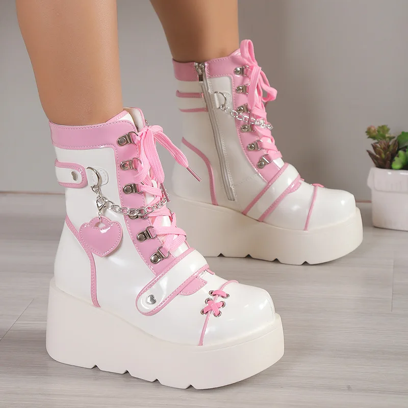 Chunky Platform Punk Short Boots Woman Fashion Buckle Cute Pink Ankle Boots Women Pu Leather Thick High Heel Motorcycle Botas