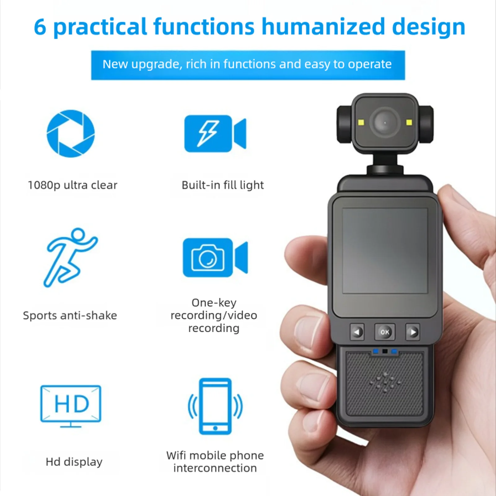 كاميرا 1080P 1960mAh كاميرا فيديو خارجية تدعم ما يصل إلى 256G واجهة مضادة للاهتزاز من النوع C شاشة 1.53 بوصة للتصوير الفوتوغرافي