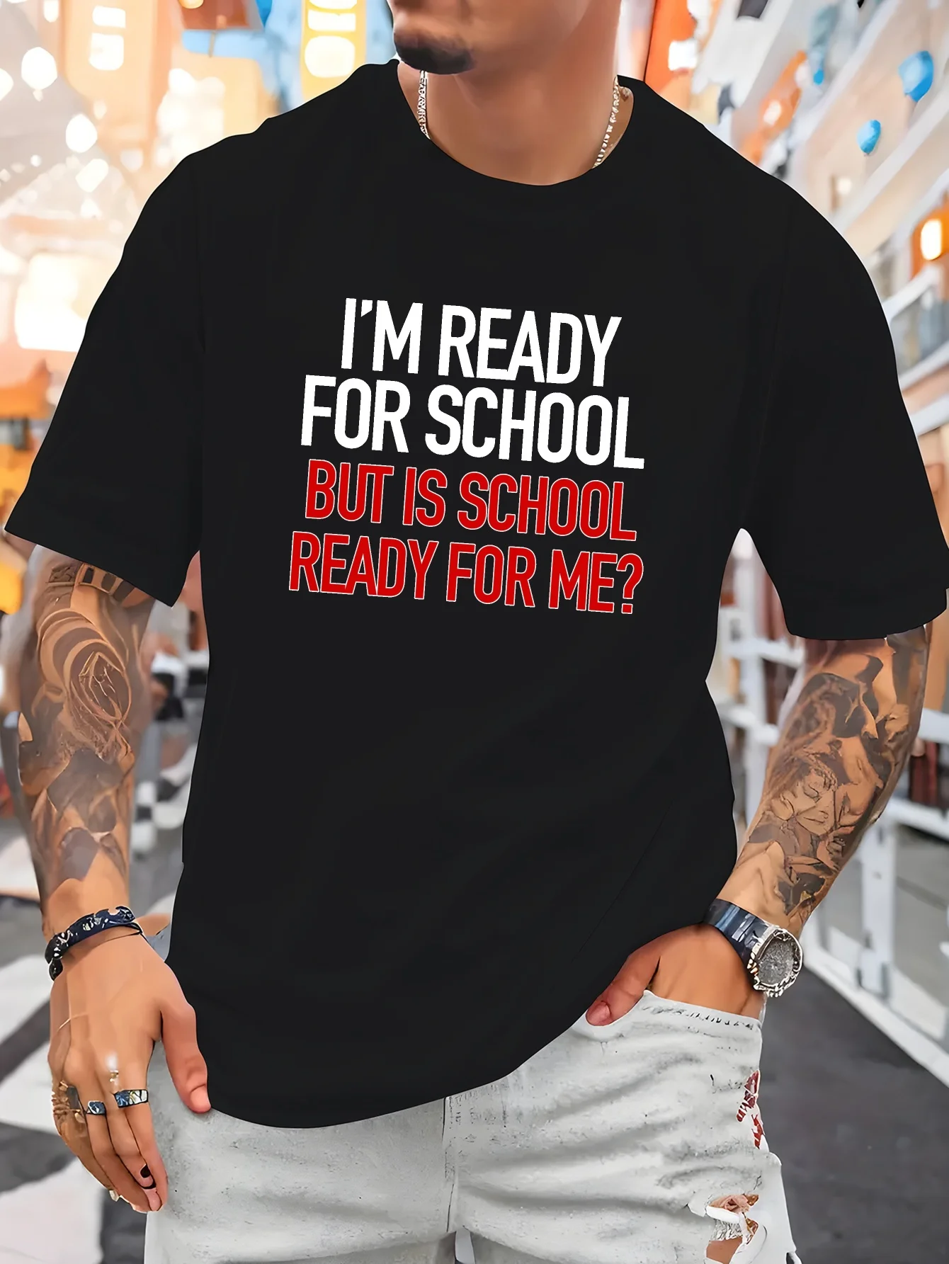 I M Ready For School Print Mens Crew Neck T Shirt Humorous Student Text Graphic Short Sleeve Casual Cotton Trendy Street Tees
