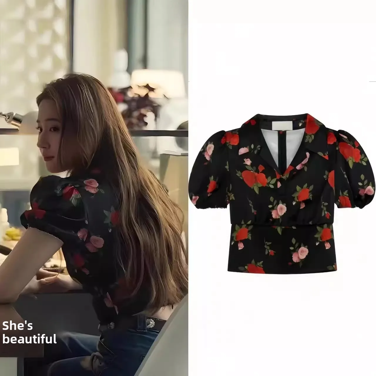 

Elegant Short Waist-Cinching V-Neck Floral Print Shirt for Women French Style Slim Fit Shirt by EXJR Summer Fashion Ladies' C...