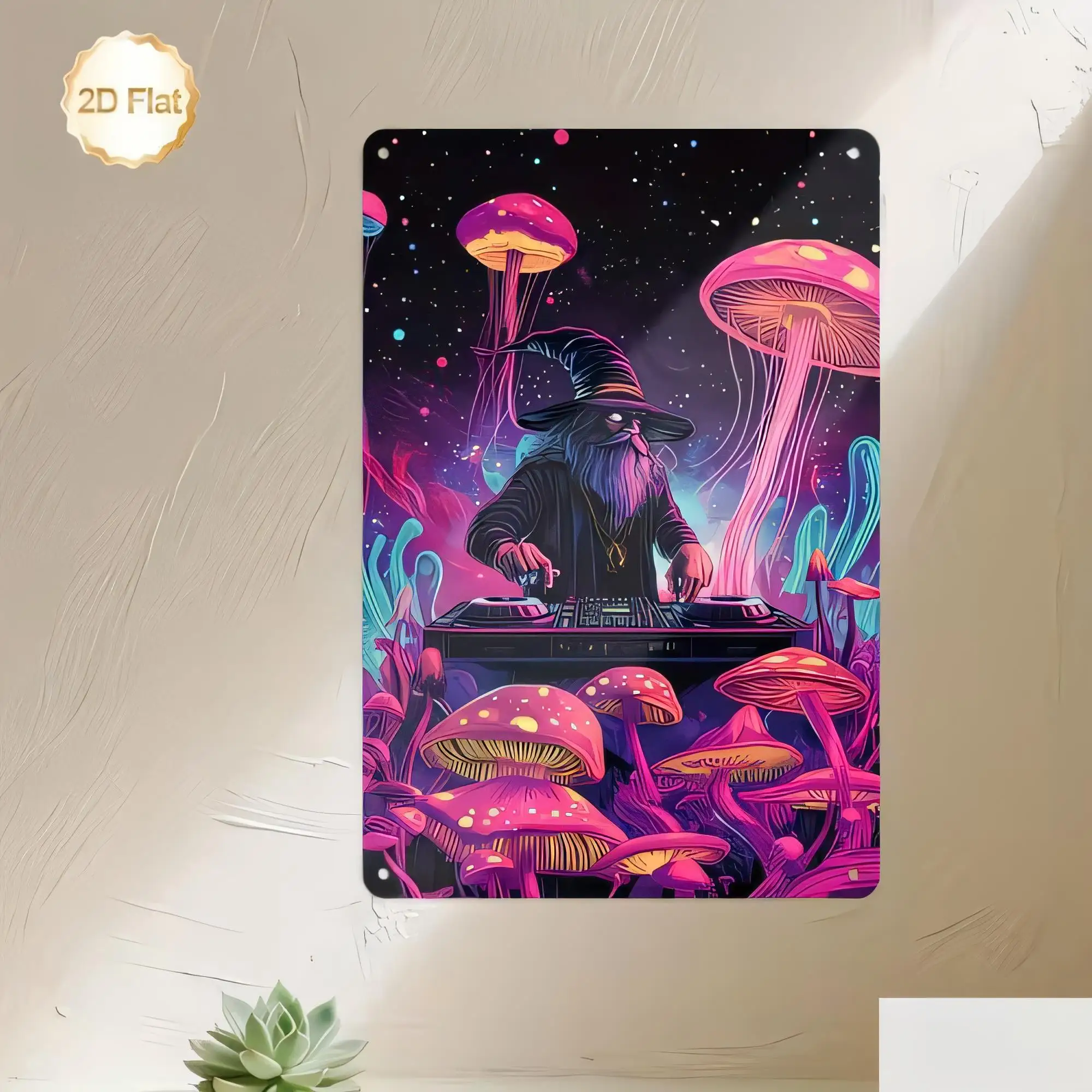 Tin Sign for Wall Decor, Neon Space Mushroom Cat Illustration Metal Poster, Retro Vaporwave Night Background,  Vintage Plaque fo