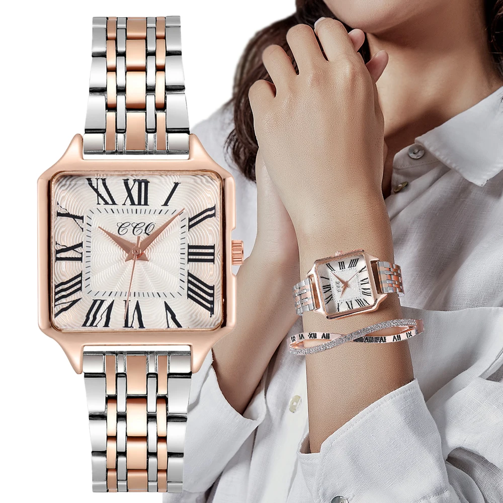 

Fashion Watches Luxurious Brand Square Roman Wristwatches Casual Female Quartz Clock Simple Stainless Steel Detachable Strap
