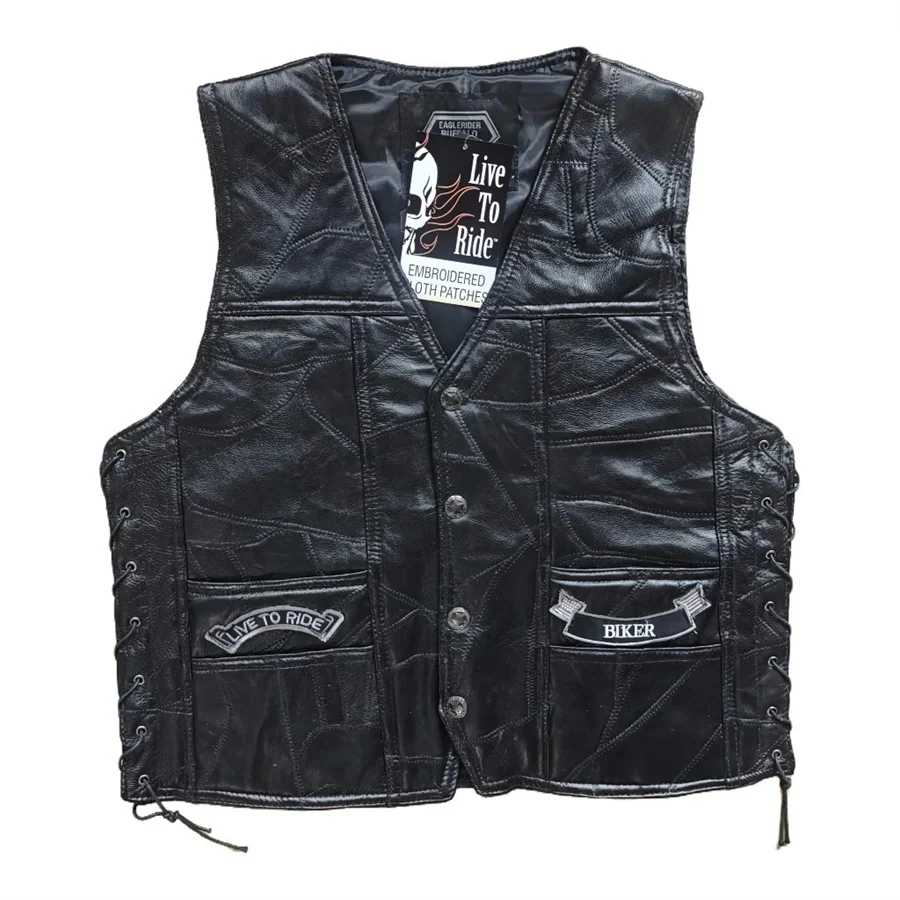 Men Motorcycle Genuine Leather Vests Angle's Wings Embroidered Waistcoat Lace-up Biker Sleeveless Jackets Cosplay Costume