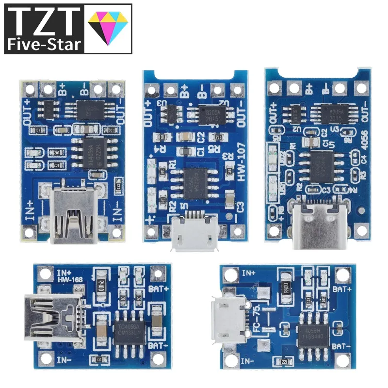 TZT Micro/Type-c USB 5V 1A 18650 TP4056 Lithium Battery Charger Module Charging Board With Protection Dual Functions 1A Li-ion