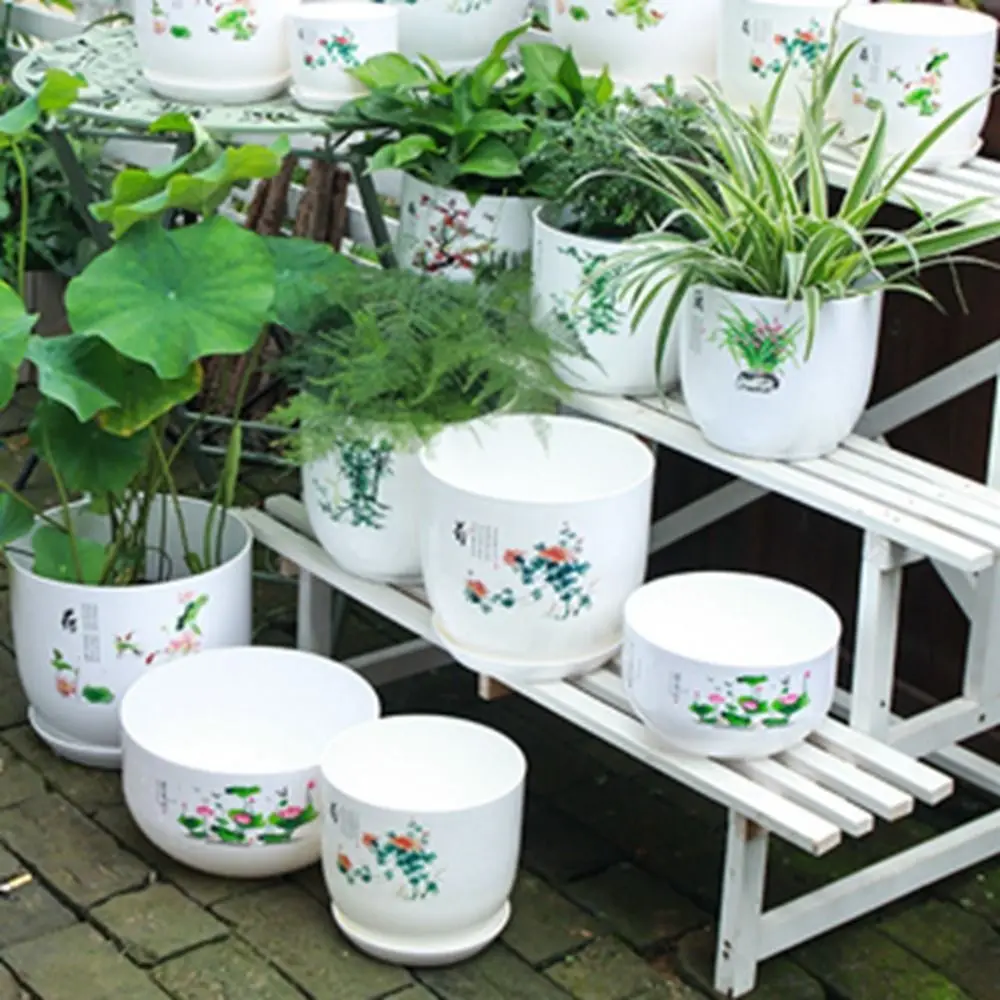 Extra Large Plastic Flower Pot White With Tray PP Resin Flower Pot Round Breathable Imitation Porcelain Gardening - view 5
