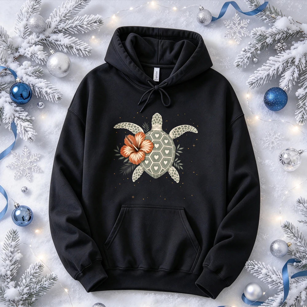 Hawaiian Sea Turtle Hibiscus Flower Heart Shell Graphic Hooded Sweatshirt Tropical Ocean Beach Art Print Pullover Casual Tops