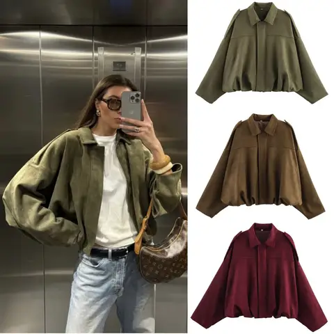 ETJ 2025 primavera nuevo efecto de textura de gamuza para mujer versión suelta de chaqueta bomber de hombro con solapa a la moda